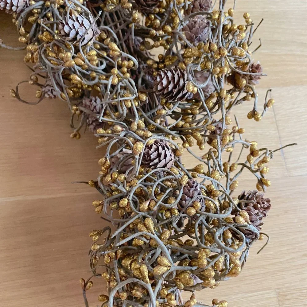 Anthropologie Gold Glittered Garland Wreath with Pinecones Christmas Tree Trim